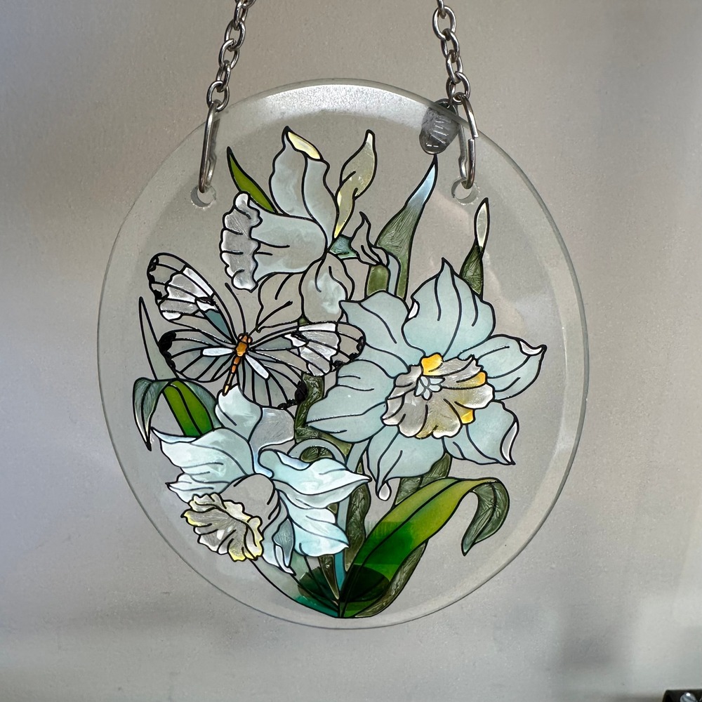Amia Studios Hand Painted Glass Suncatcher Daffodils Butterfly Oval Floral Art